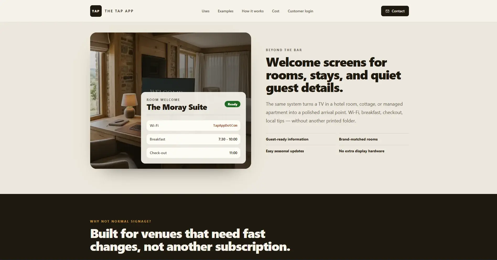 The Tap App landing page showing a welcome screen for a hotel room and the product proposition